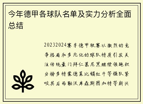 今年德甲各球队名单及实力分析全面总结
