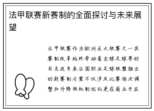 法甲联赛新赛制的全面探讨与未来展望